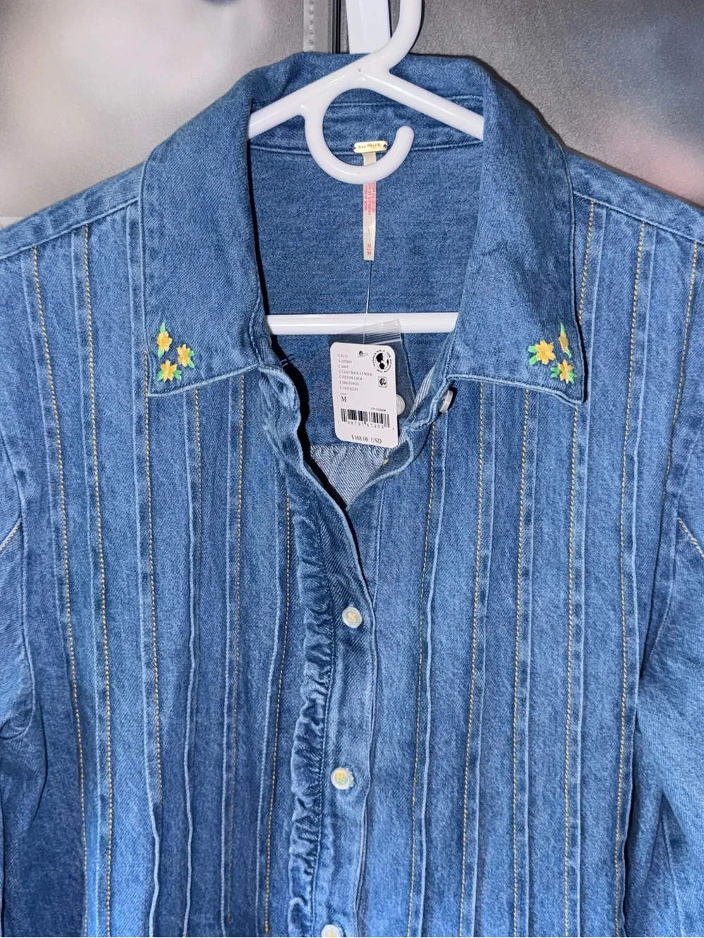 Free People Robin Pintuck Denim Shirt Pleated Ruffle Cuffs Light Wash M NWT